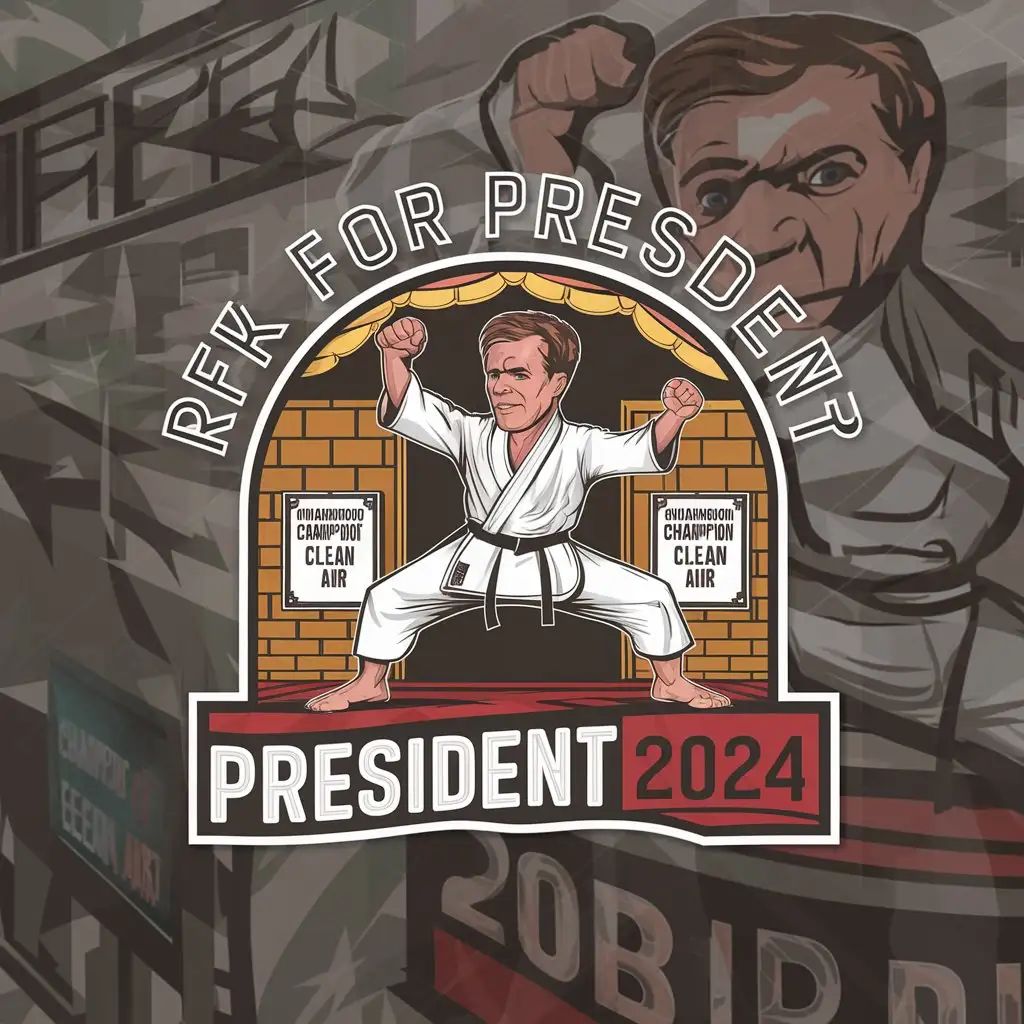 a logo design,with the text "RFK For President 2024", main symbol:A cartoon style illustration of Robert F. Kennedy dressed in a karate gi, striking a dynamic martial arts pose. In background, a dojo with walls lined with posters that reads 'Champion of clean air'. Transparent background.,complex,clear background