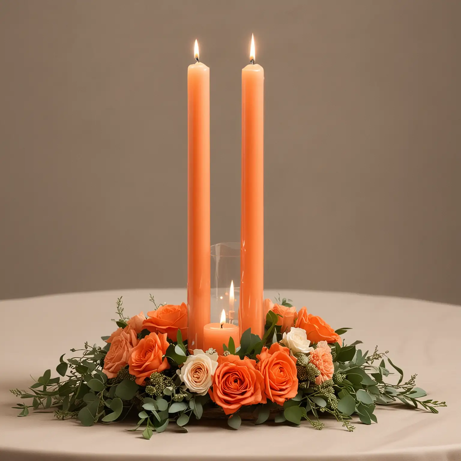 elegant wedding center piece with an orange pillar candle; keep the background neutral