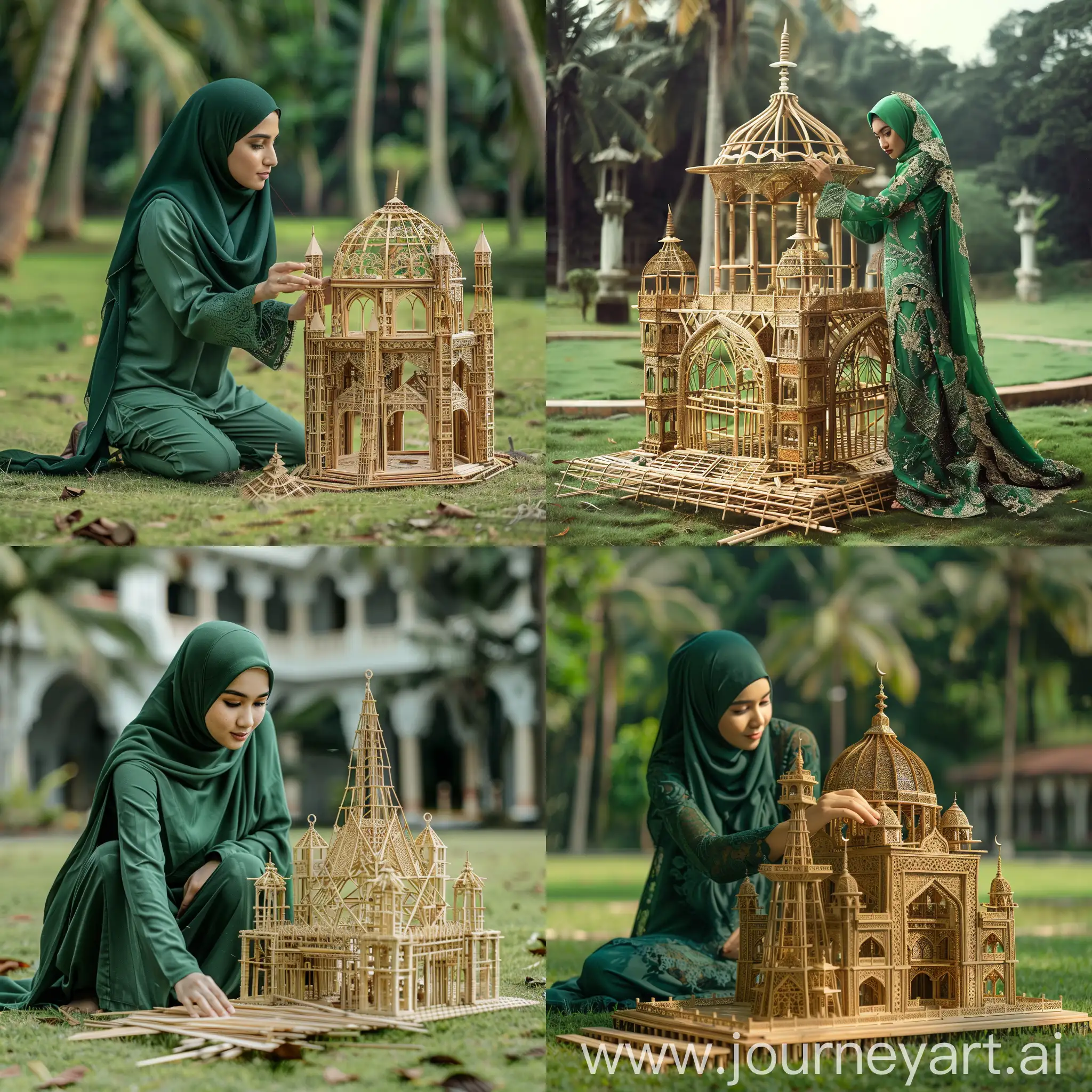 Muslim-Woman-Building-Large-Bamboo-Mosque-Miniature-on-Green-Lawn