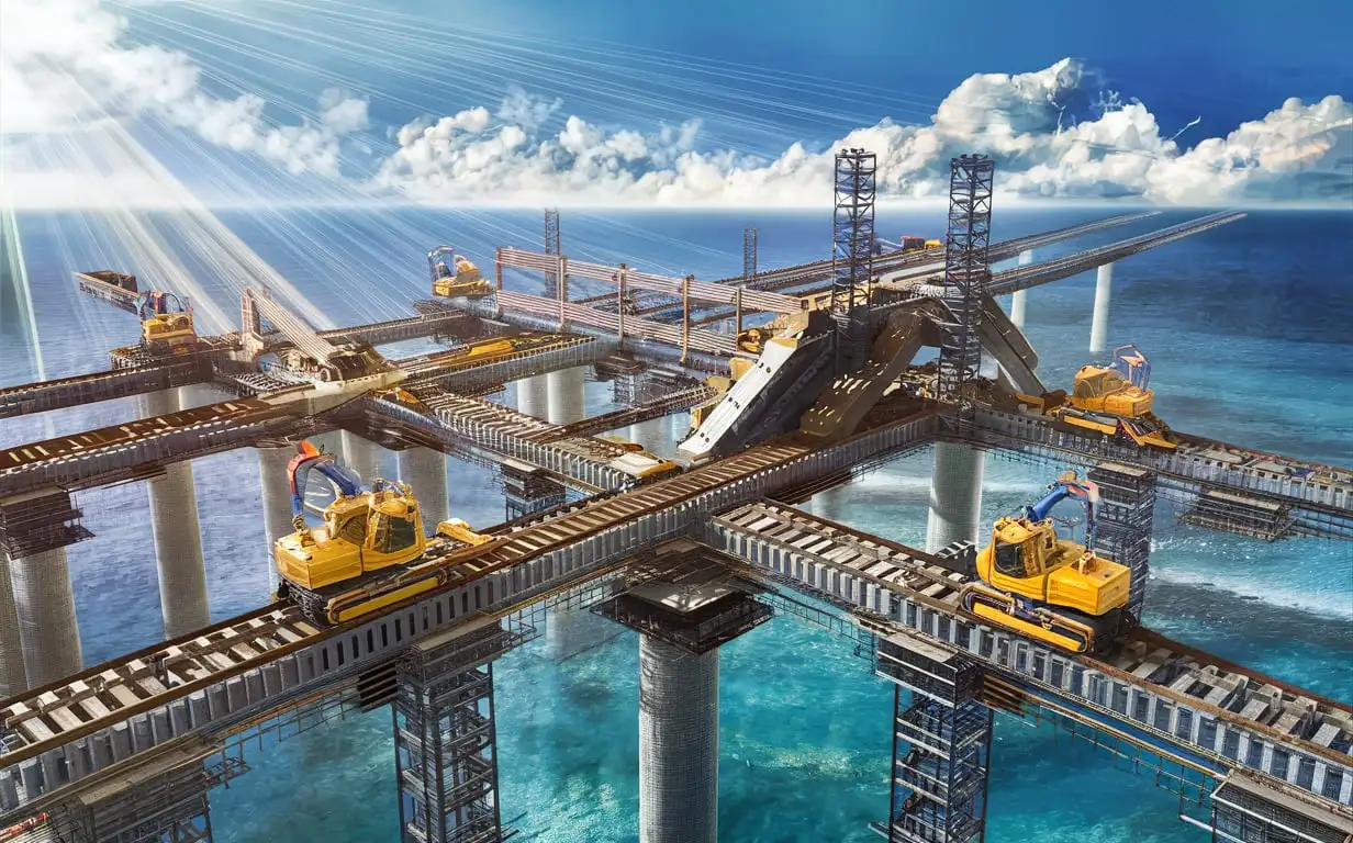 a real CLEAR Image of a high huge MEGA, Long and complex, unique rail line being constructed over the sea, using very advanced technology machines during the day. NO FICTION! NO BIRDS! NO TRAIN!