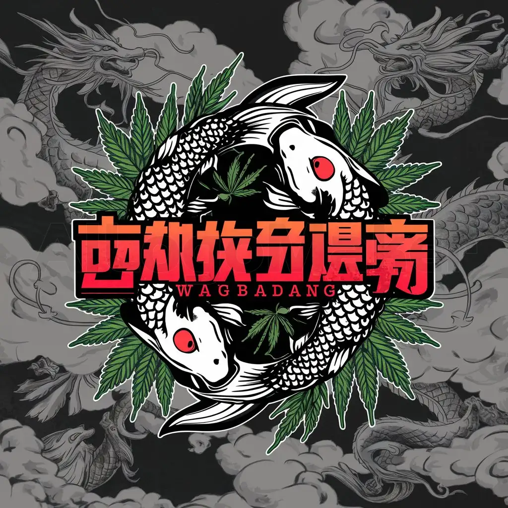 a logo design,with the text "Wangbadang", main symbol:2 koi fishes with red eyes , cannabis plants all around , clouds with dragons in the background, the writing in Chinese,complex,clear background