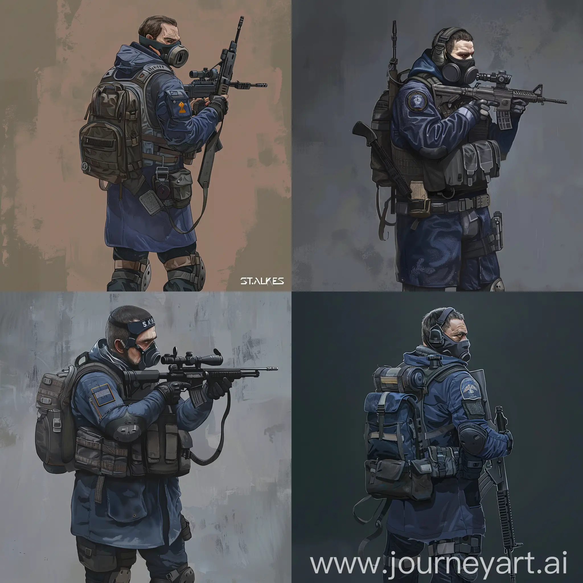 Concept art a mercenary from the universe of S.T.A.L.K.E.R., a mercenary dressed in a dark blue military raincoat, gray military armor on his body, a respirator on his face, a small military backpack on his back, sniper rifle in his hands.