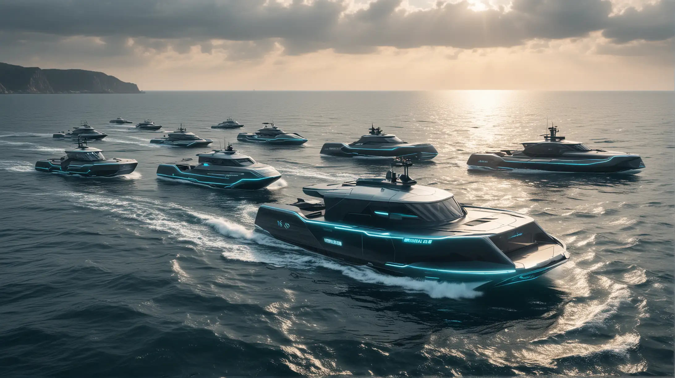 Futuristic Electric Working Boats Sailing Across the Vast Sea