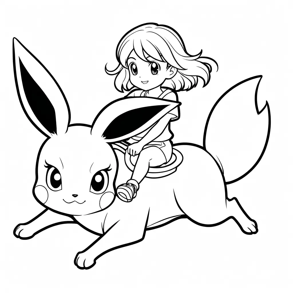 6 year old little girl with short wavy hair riding an eevee from pokemon, Coloring Page, black and white, line art, white background, Simplicity, Ample White Space. The background of the coloring page is plain white to make it easy for young children to color within the lines. The outlines of all the subjects are easy to distinguish, making it simple for kids to color without too much difficulty