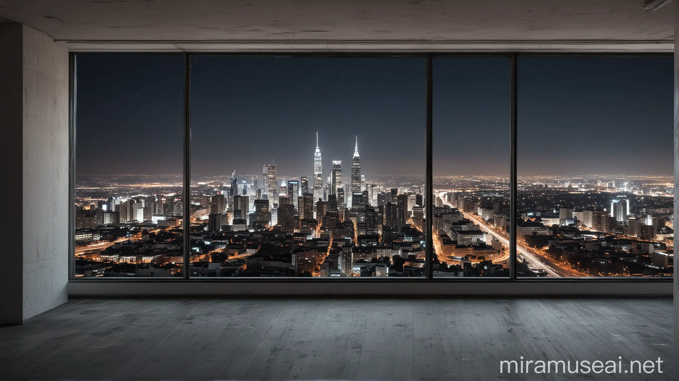 top floor of a blank office with an open glass wall view of night city