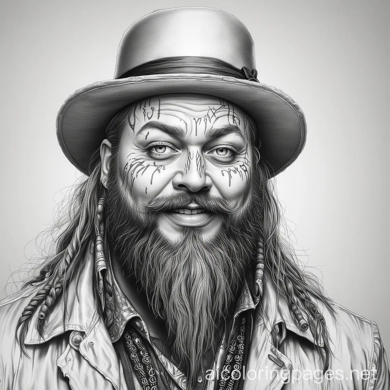 the fiend bray wyatt, Coloring Page, black and white, line art, white background, Simplicity, Ample White Space. The background of the coloring page is plain white to make it easy for young children to color within the lines. The outlines of all the subjects are easy to distinguish, making it simple for kids to color without too much difficulty