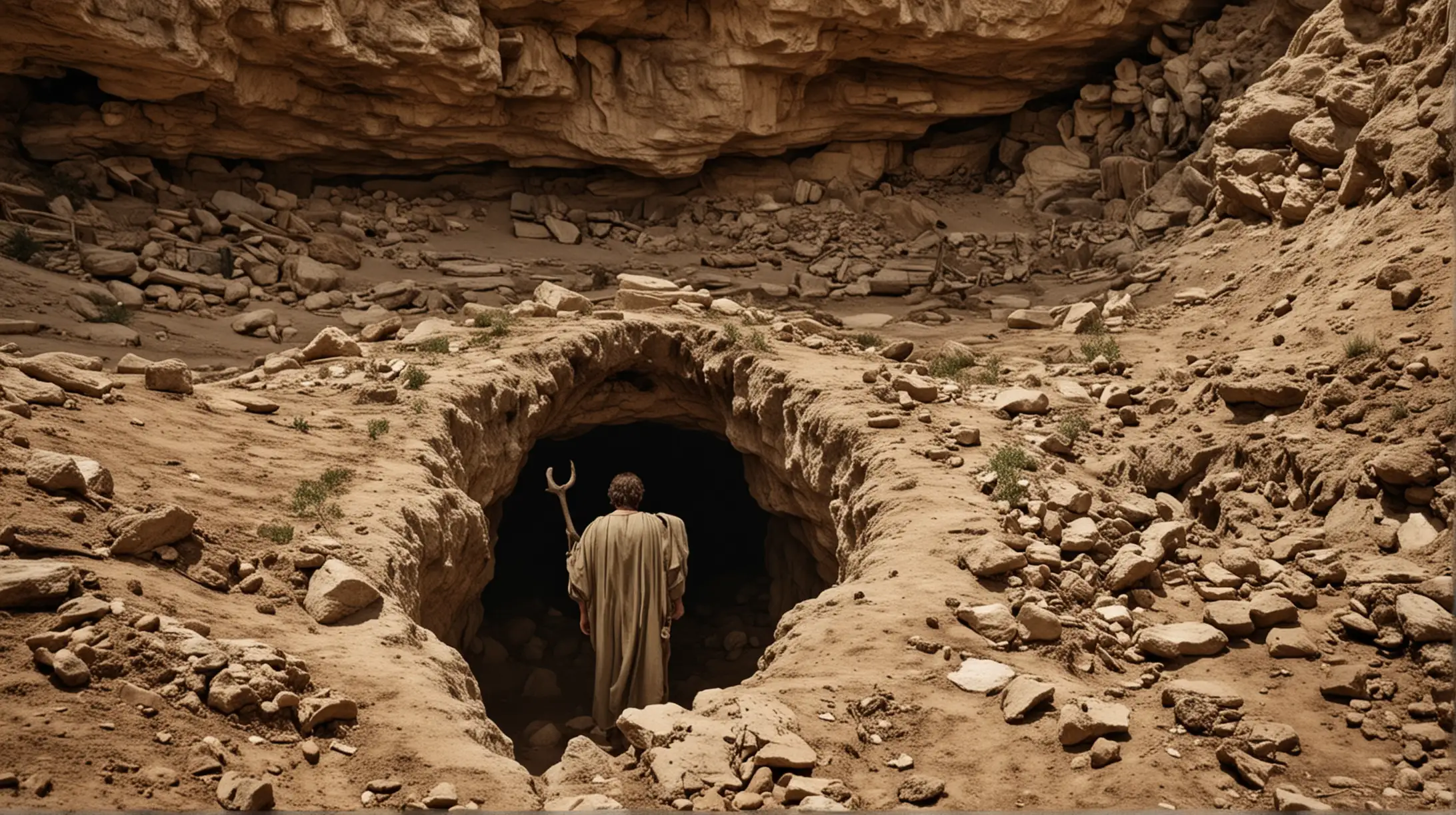 a man standing out of a dug grave. Set in a cave like area, during the era of the Biblical Elijah.
