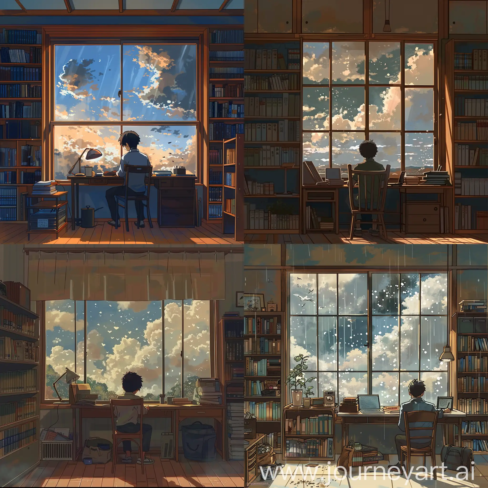 side angle corner bottom to top view of an Anime lo-fi room where a grown-up anime boy sitting at chair in front of desk, looking at the window, afternoon with sleepy vibes, bookshelf, table, study stuff in the room, light coming from window, outside view of the window contains moody anime clouds, studio Ghibli art style, retro color palette touch, Japanese room architecture, 