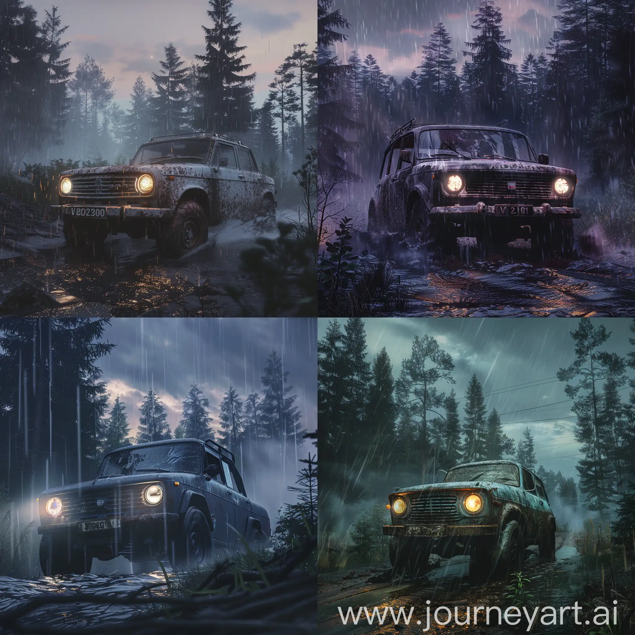 VAZ 2101, mudrunner, off-road, Fir forest, twilight, rain with wind, headlights on, cinematic, ultra realistic, 8k