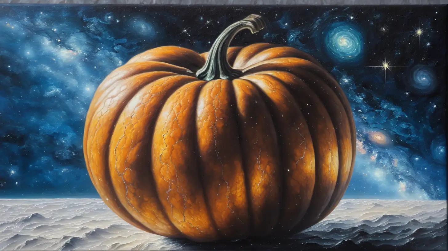 Vibrant Textured Oil Painting Pumpkin in a Galaxy Luminescent Sky