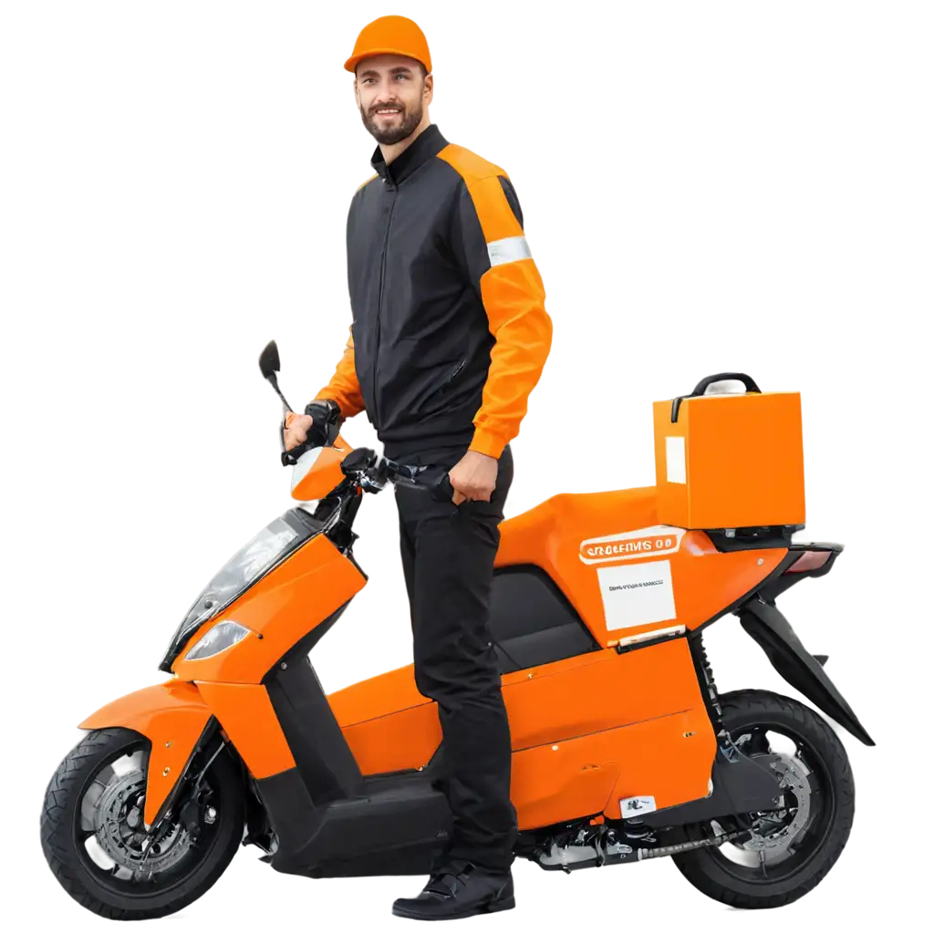 Courier ev motorcycle delivery parcel with orange jacket