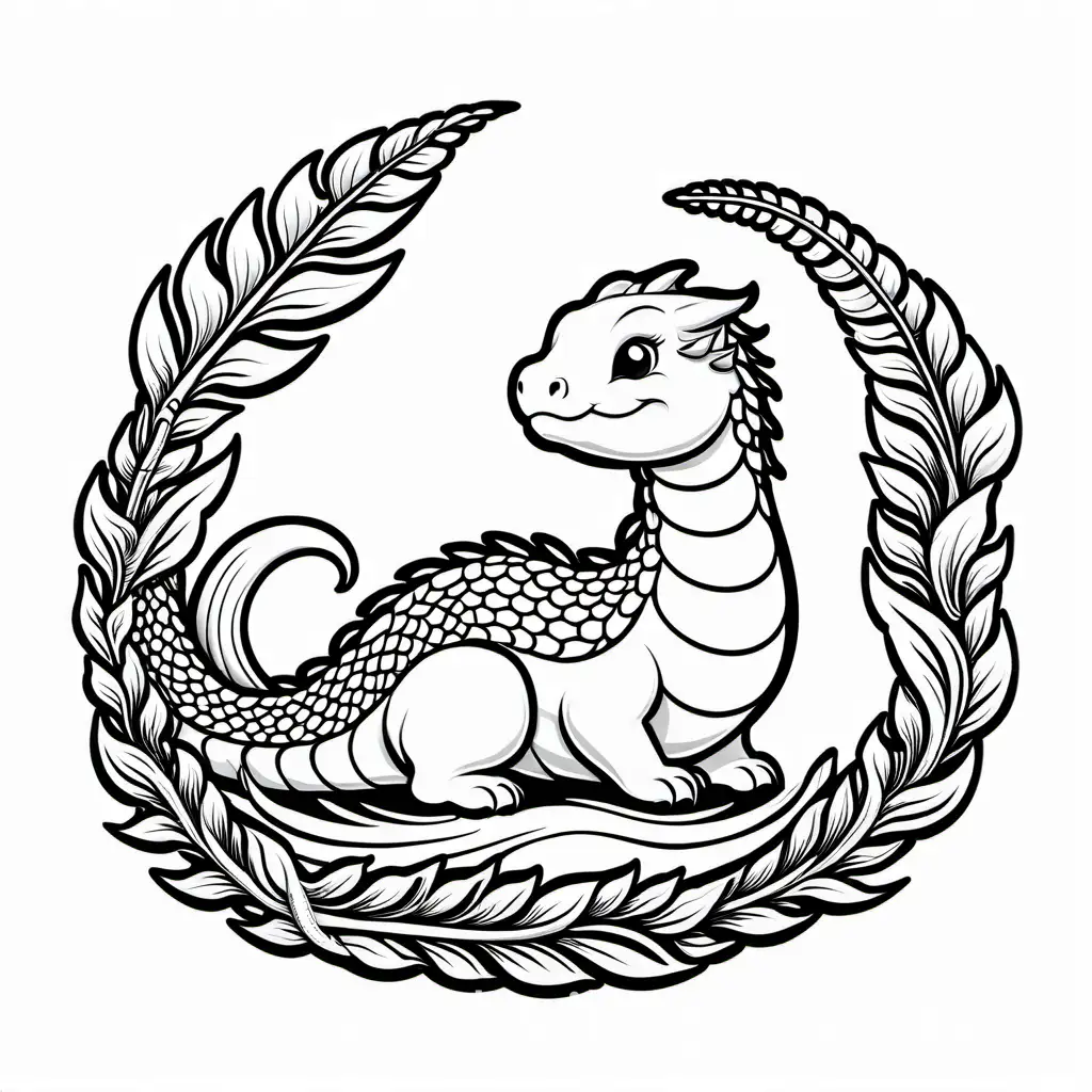 Cute baby Jörmungandr, Coloring Page, black and white, line art, white background, Simplicity, Ample White Space. The background of the coloring page is plain white to make it easy for young children to color within the lines. The outlines of all the subjects are easy to distinguish, making it simple for kids to color without too much difficulty