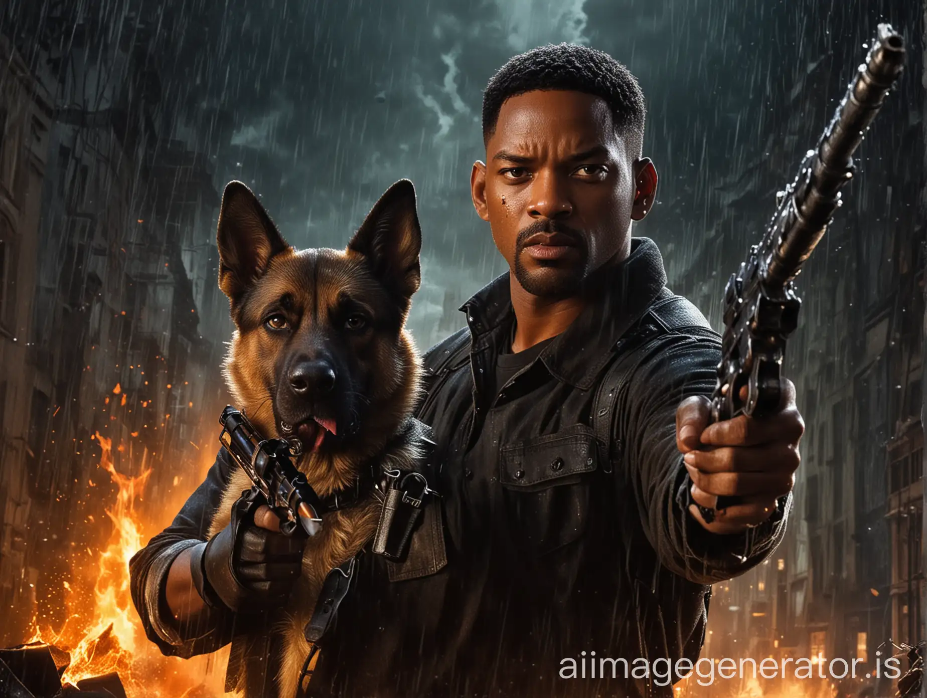 I AM LEGEND 2 movie poster, devil and dangerous look of Will Smith, German Shepherd dog, dark background, holding gun by will smith, glowing object, raining, fire in background