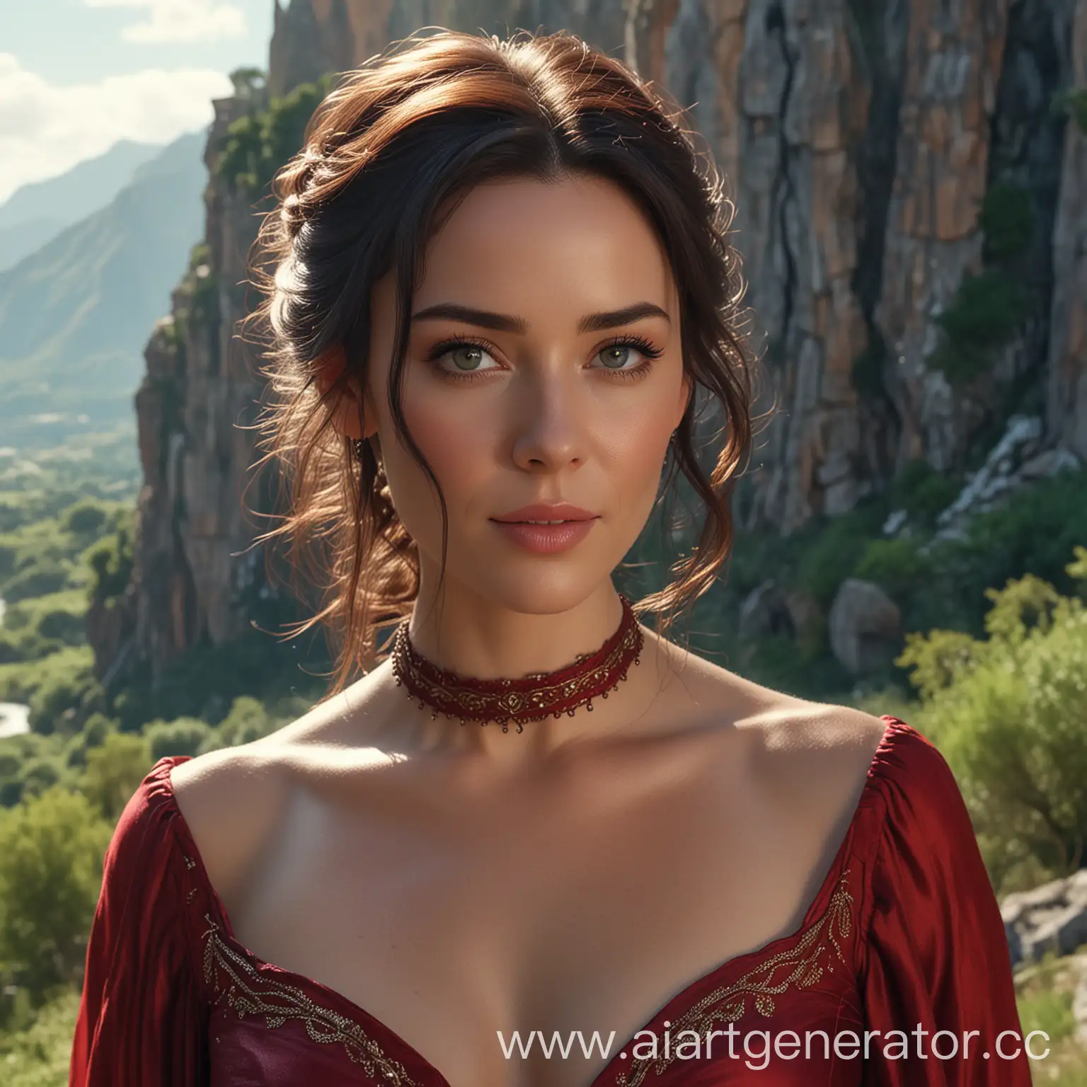  Goddess Aphrodite, a breathtaking upper portrait, looks like a fusion of evangeline lilly and jennifer connelly, beautiful face and aura, smiling, lush body, amazing antique red dress of silk,  looking at you, perfect centered, amazing view to a breathtaking lush valley with a stunning temple and high cliffs as background, night mood, artgerm style, 8K, Canon 90D, atmospheric. Photorealistic, photorealism, perfect realistic art, smooth, aftereffects, sharp focus, hi - res, ultra intricate detail, ultra realistic detail, 4K, HDR gloomy, choker style colar, detailed face, magic fantasy, wow effect, sticker, 2d cute, fantasy, dreamy, vector illustration, 2d flat, centered, by Tim Burton, professional, sleek, modern, minimalist, graphic, line art, vector graphics