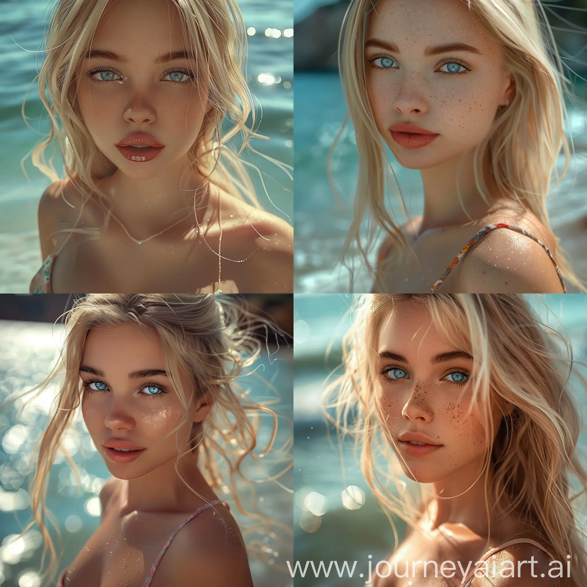 Красивая и стройная девушка 20 лет, блондинка с красивыми голубыми глазами, и красивым макияжем, в купальнике на море, ультра реалистичное и детализированное фото 