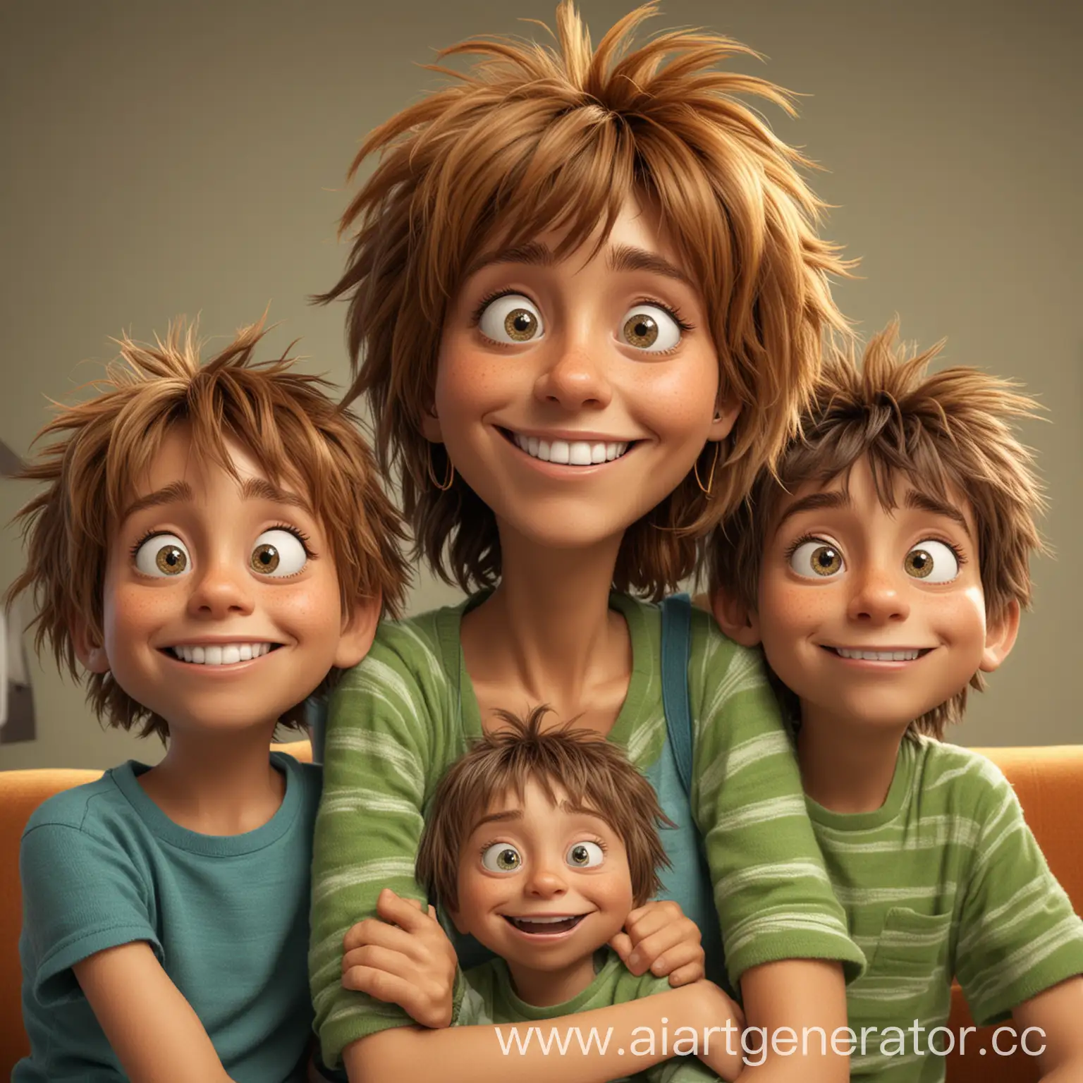 Tired-Mother-with-Three-Cheerful-Sons-Cartoonish-Family-Portrait