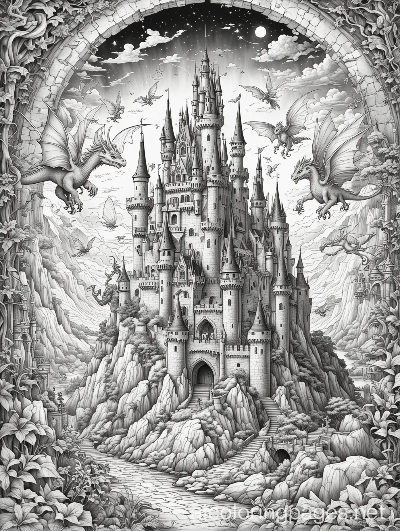 massive castle with a dragon in the sky and fairies around and mystical creatures, Coloring Page, black and white, line art, white background, Simplicity, Ample White Space. The background of the coloring page is plain white to make it easy for young children to color within the lines. The outlines of all the subjects are easy to distinguish, making it simple for kids to color without too much difficulty