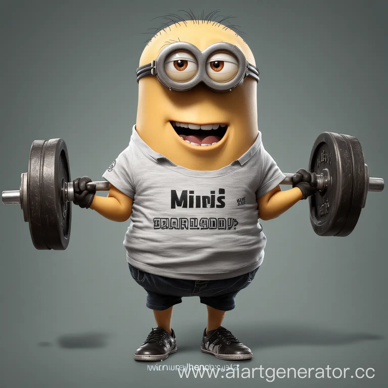 a cool minion with muscles is a jock, he lifts a barbell and shouts he is very businesslike, and on his T-shirt it says "DANIS"
