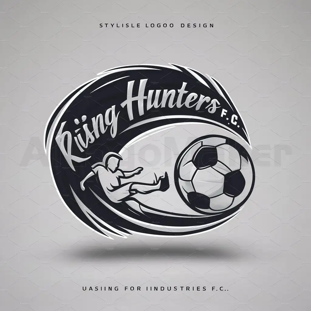 a logo design,with the text "RISING HUNTERS F.C", main symbol:A player kicking the ball in void and it curves it have black aura and it it aura says RISING HUNTERS,Moderate,be used in Others industry,clear background