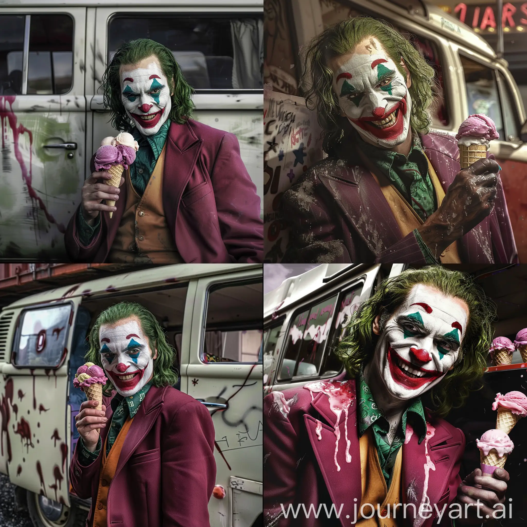real photo of a smiling Joker with ice cream near the van, super detailed photo, perfect photo