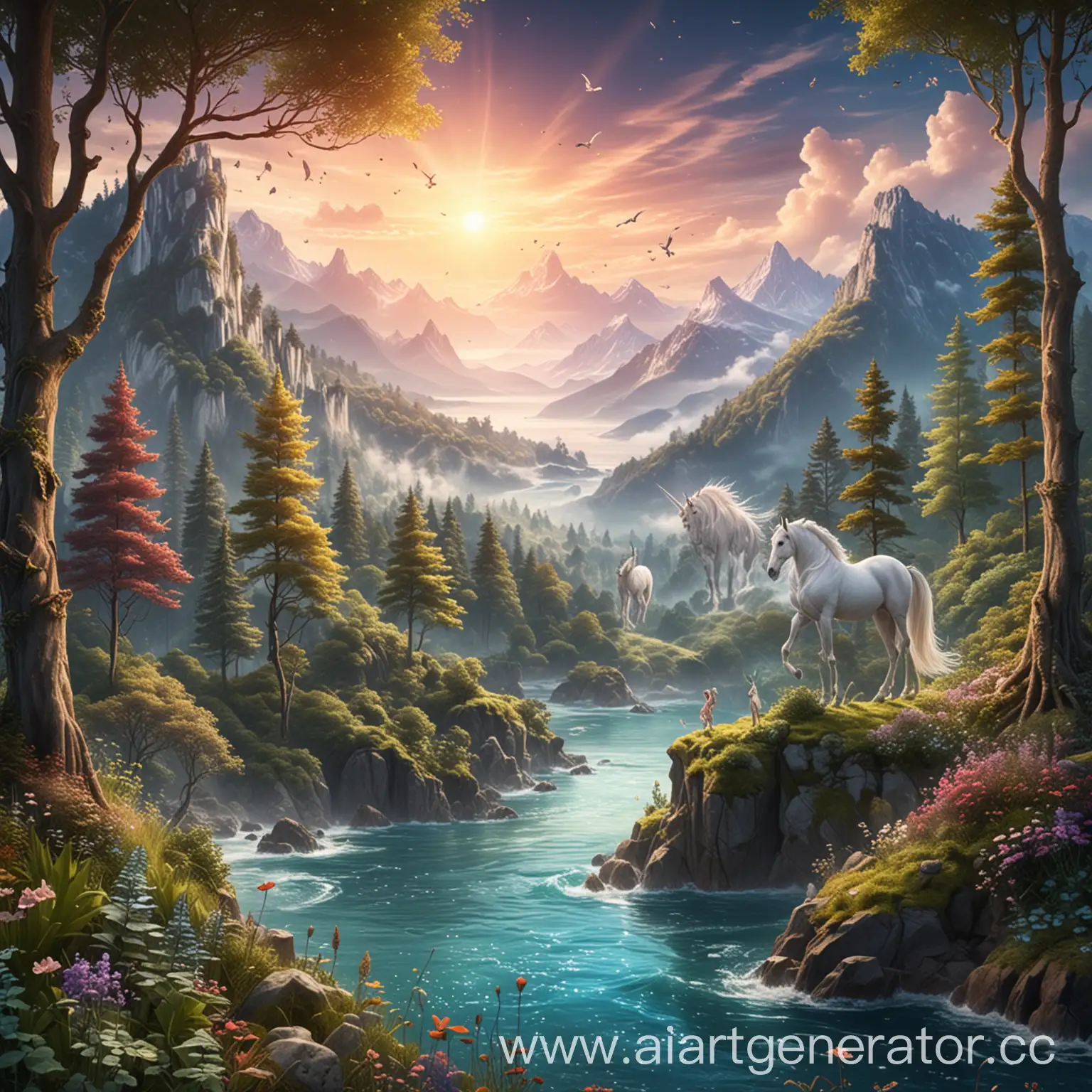 Beautiful magical forests with mountains and the sea on the horizon, mythical creatures such as unicorns and beautiful waterman and fairies