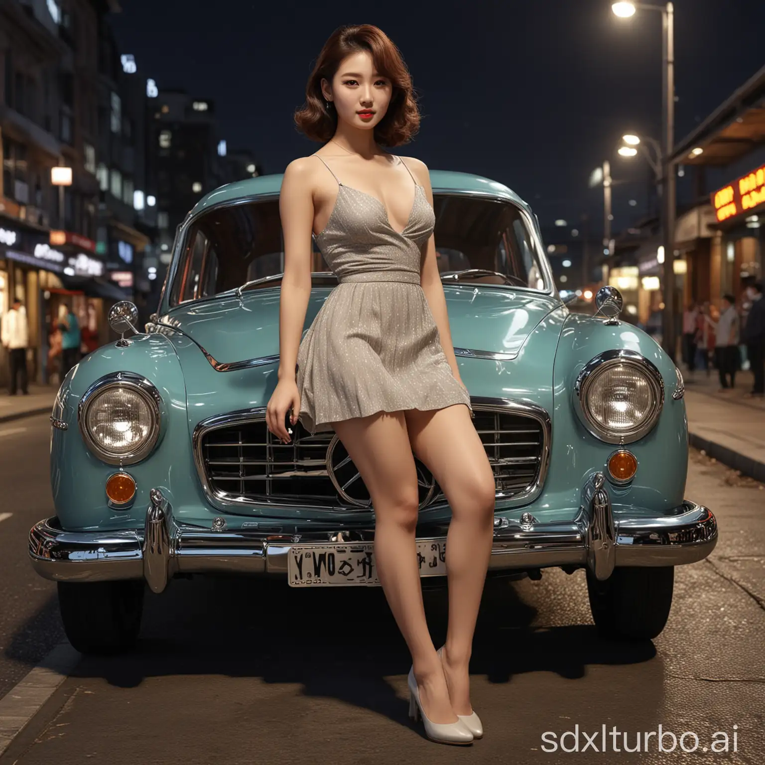 young korean girl, gorgeous face, show legs, 1955 mercedes w180 ponton, night, seoul, realistic, masterpiece, raytraced