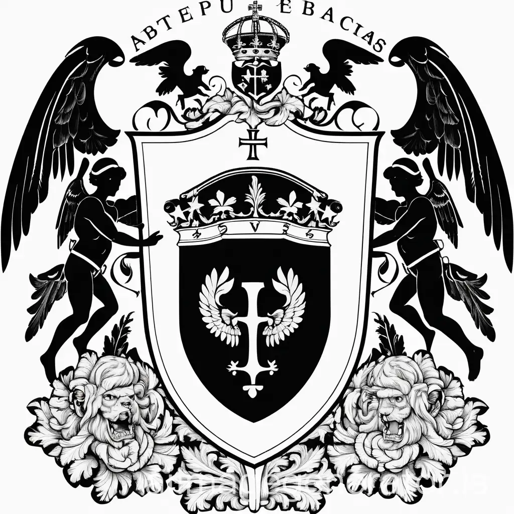 vectorized black and white coat of arms crest with 2 angels and letters TOBIAS in center