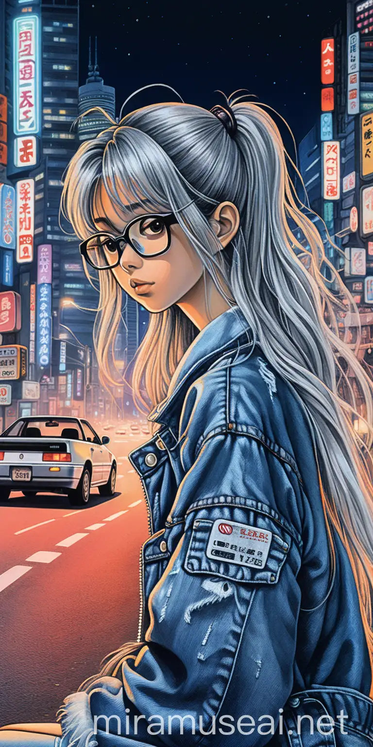 Обложка для компакт кассеты на которой изображенна тощая японская киборг робот девушка робот 35-ти летнего возраста, в клубах дыма, в очках, с очень длинными серебристыми растрёпанными волосами собранными в хвост, в рваной джинсовой куртке, ночью задумчивая сидит на асфальте горной дороги около своей японской jdm машины 90-х, ночью на фоне далёкого тёмного туманного мегаполиса Токио будущего, в стиле моачных аниме 90-х ходов.
С vhs эффектами