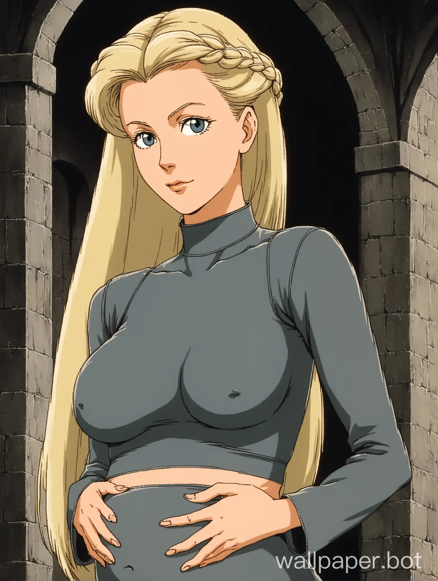 1980s retro anime, portrait of a young and attractive white woman, she is pregnant, she has long wavy white-blonde hair pulled back into a braid, standing regally, elegant and slender, thin sharp face, dignified expression, wearing a very low-waisted long dark grey skirt, exposed belly, midriff, wearing a sheer skintight long-sleeve dark grey crop top, decorative stitching, medieval elegance, 1980s retro anime, medieval castle interior