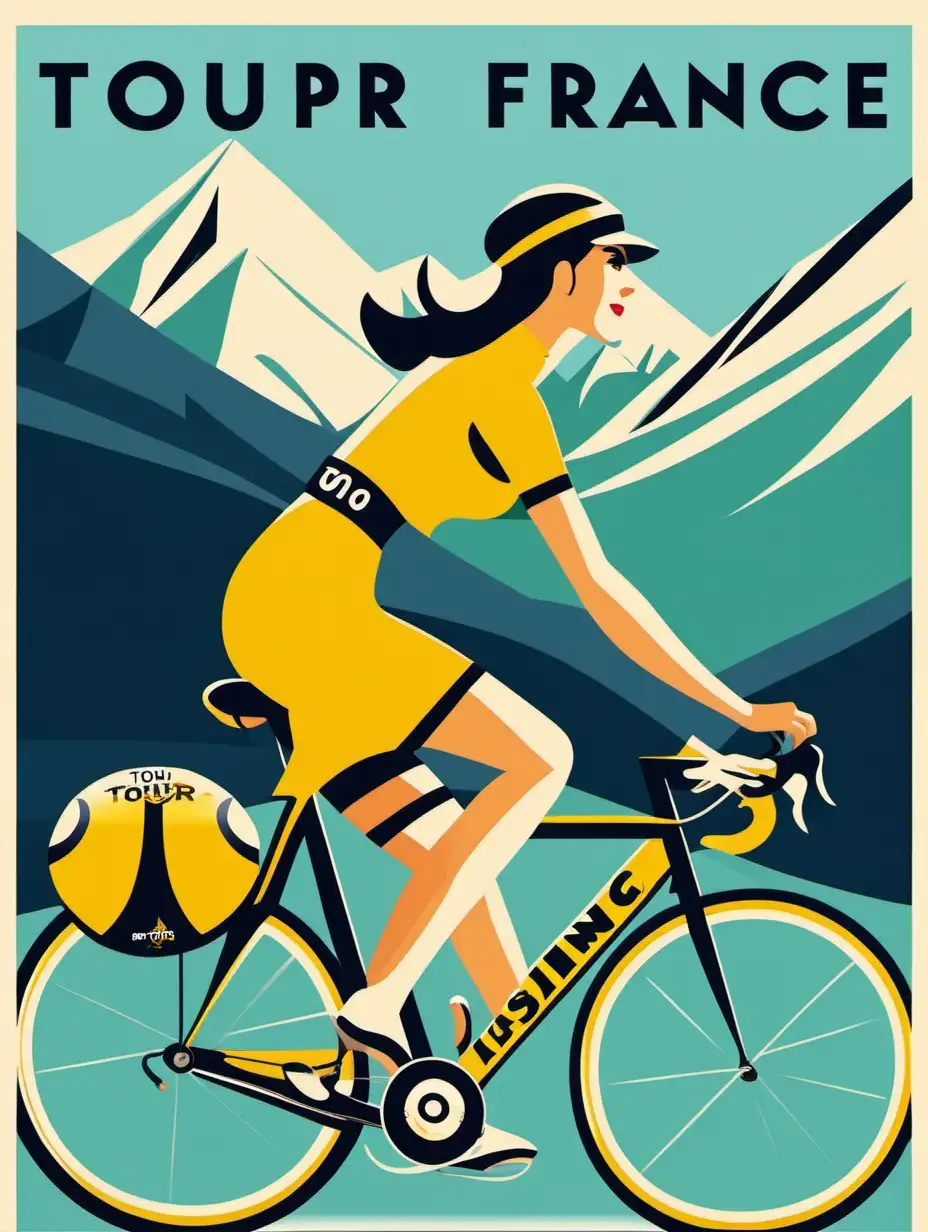 Vector illustration of a poster for the female version of the Tour de France bicycle competition rendered in the modern Swiss graphic style of the 1950's