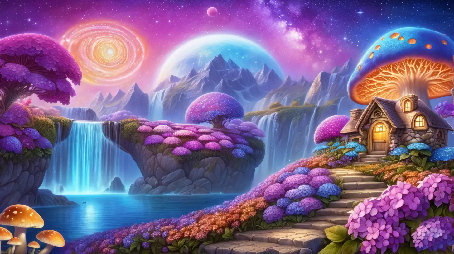 florescent fairytale Hydrangeas with cute-cottage-mushroom house of periwinkle and sky blue (#87CEEB) and golden-magenta in golden dust and a magical orange glowing ocean and waterfall of luminescent  magenta flowers, giant magenta-fire planet in the sky among galaxies.