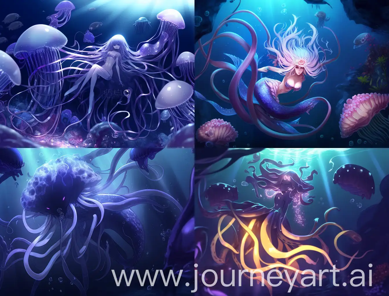 imagine a dark beautiful predatory mermaid, the mermaids tail is jellyfish tentacles, there is a human male caught in her tentacles 
