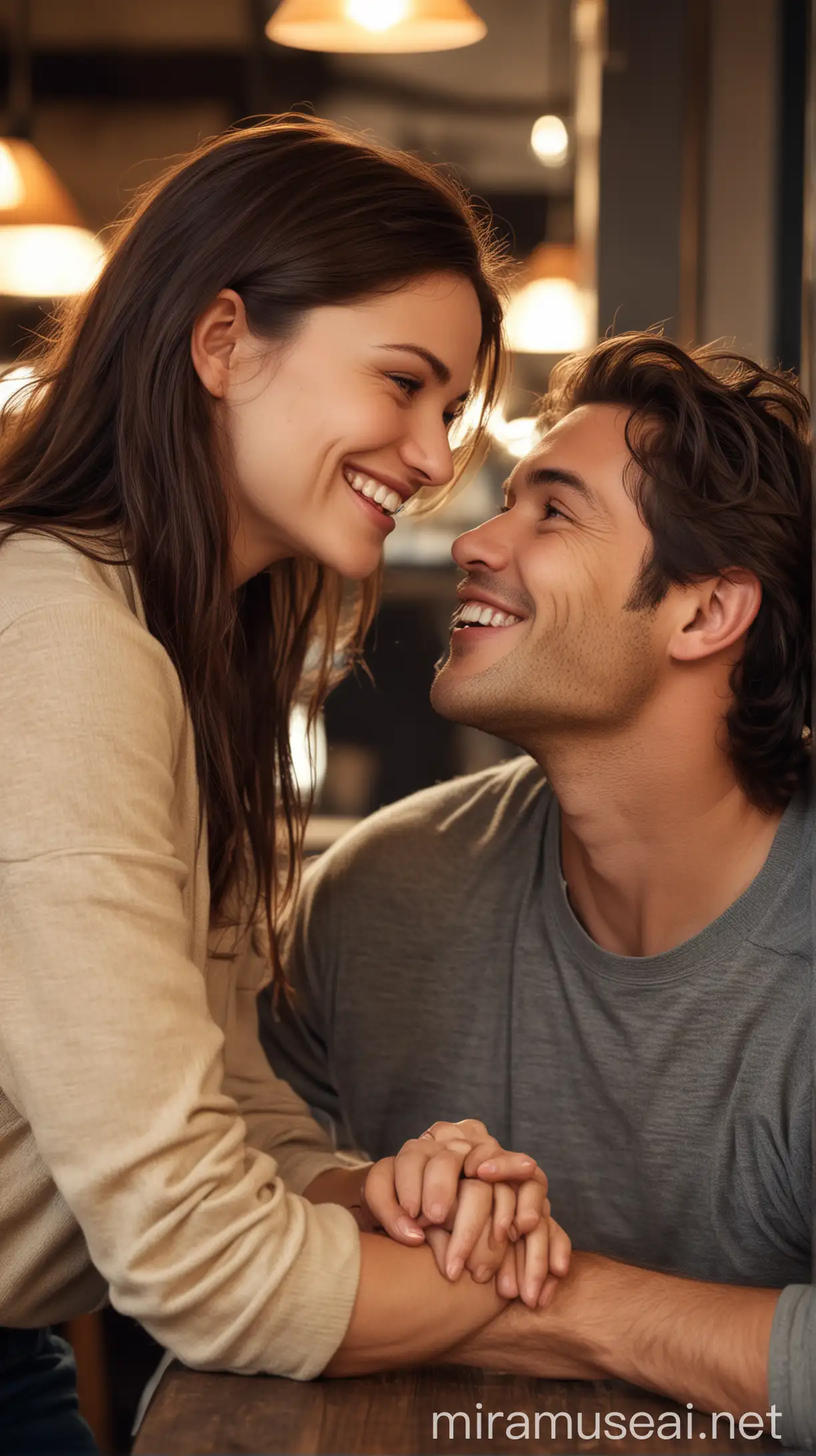 Playful Couple Flirting in Cozy Cafe Setting