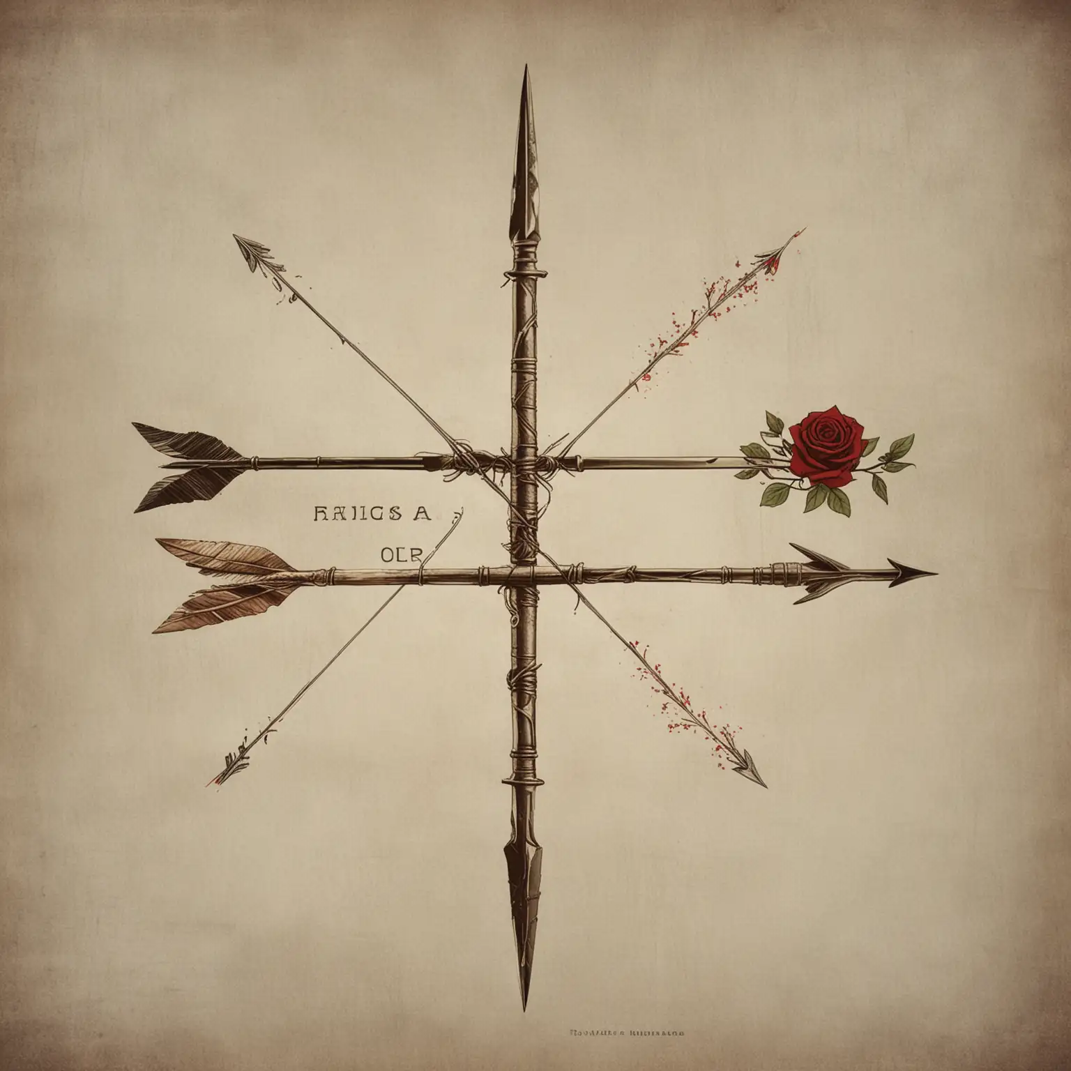 Create a minimalist design for a company called savage romance that says "Amnesia or die", includes a hunting arrow and an Irish rose. make it edgy with a nod to femininity. neutral colors. 