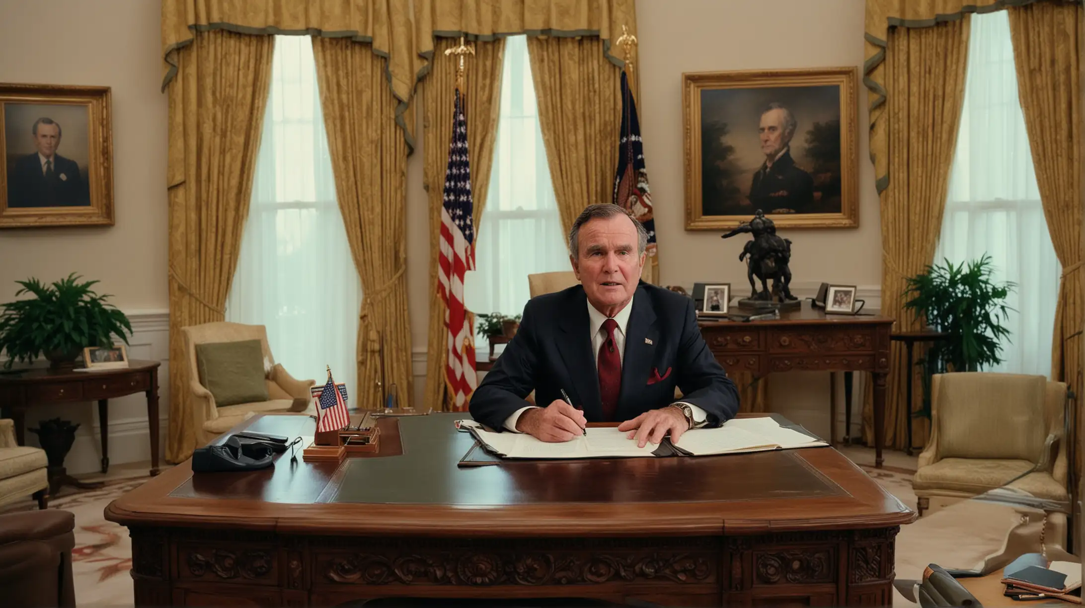 A dramatic image of George H. W. Bush addressing the nation from the Oval Office, with visuals of military operations in the Persian Gulf region, illustrating his leadership of the international coalition during the Gulf War and the liberation of Kuwait from Iraqi invasion.