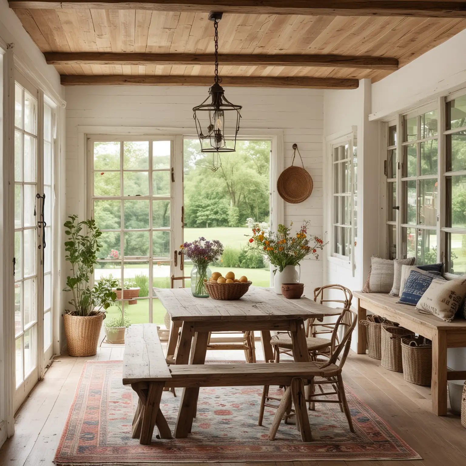 design a very wide distant shot of Rustic Farmhouse Dining Area: Wooden ceiling beams and white shiplap walls. Vintage wooden table with mismatched chairs and a bench. Wildflowers in a mason jar vase on the table. Woven basket decor on the walls and sideboards. Light wood floors with a natural fiber rug. Large window overlooking a garden, bringing in natural light.