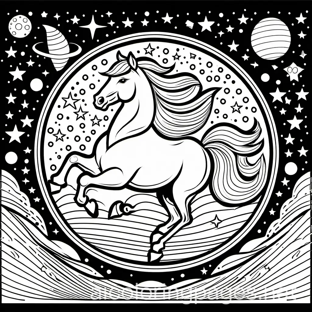 black and white coloring book drawing, only thick outlines, no grayscale, for kids cartoon style, horse in space, Coloring Page, black and white, line art, white background, Simplicity, Ample White Space. The background of the coloring page is plain white to make it easy for young children to color within the lines. The outlines of all the subjects are easy to distinguish, making it simple for kids to color without too much difficulty