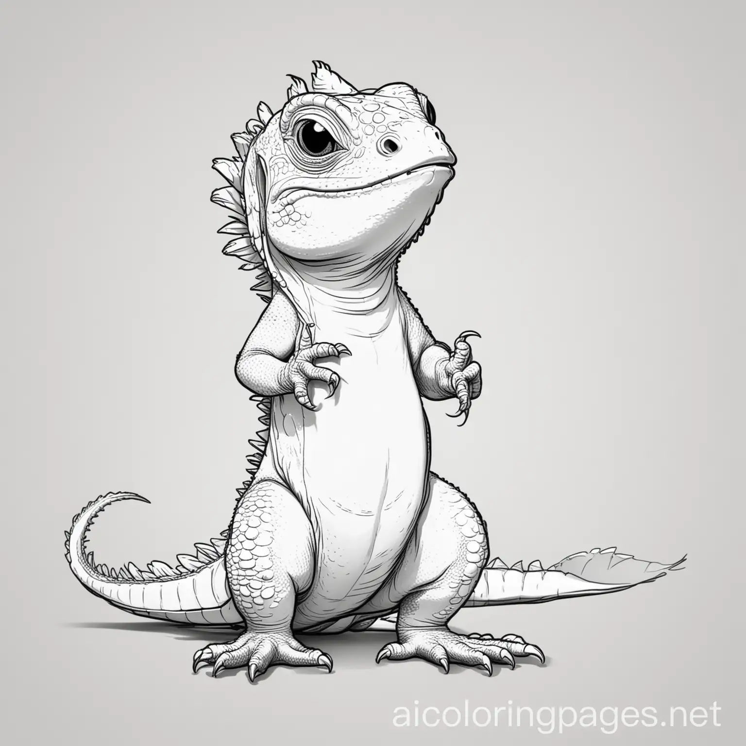 cute happy white cartoon funny  , full body, iguana, Coloring Page, black and white, line art, white background, Simplicity, Ample White Space