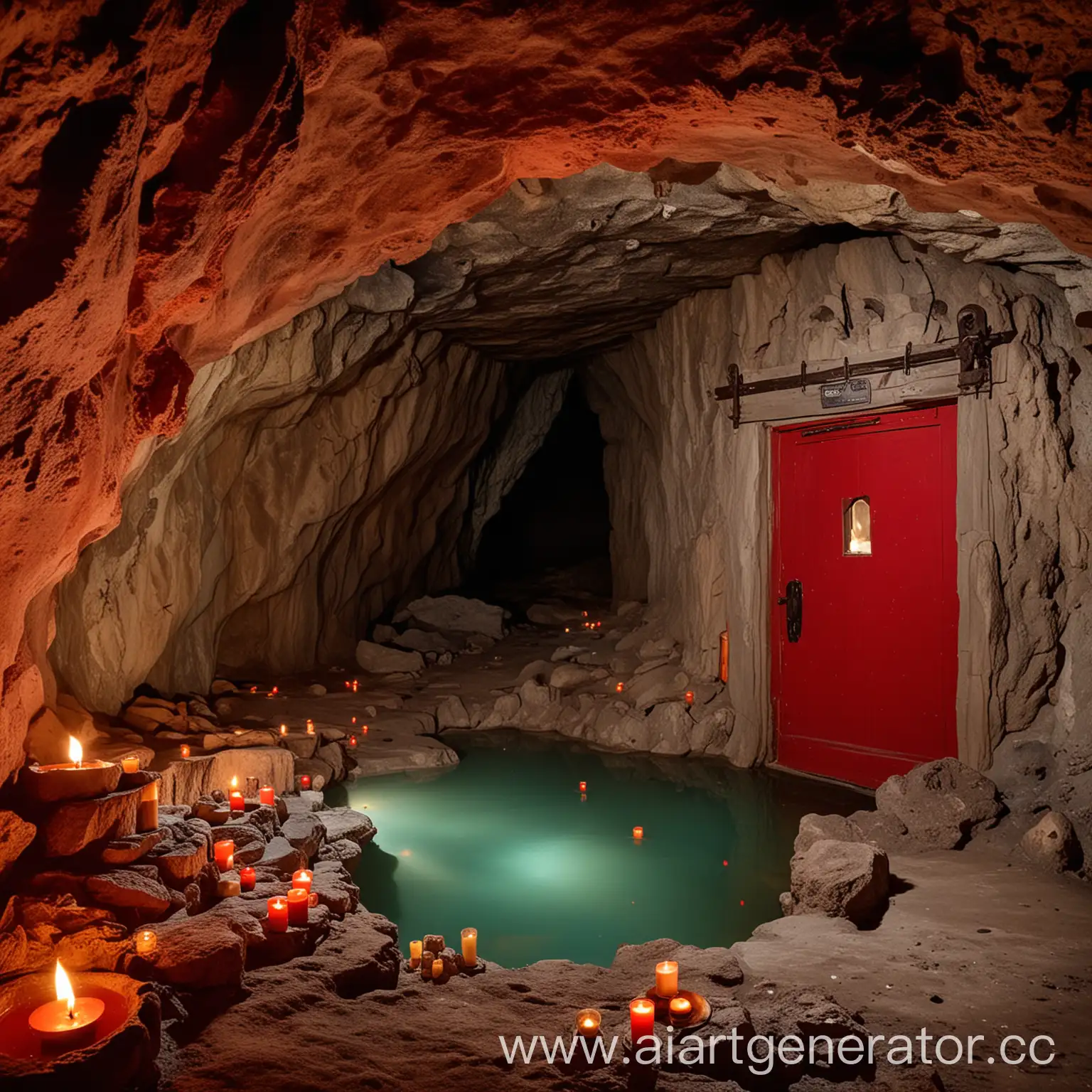 Пещера с одним  горячим источником и большой деревянной красной дверью, по всей пещере раставленны свечи
