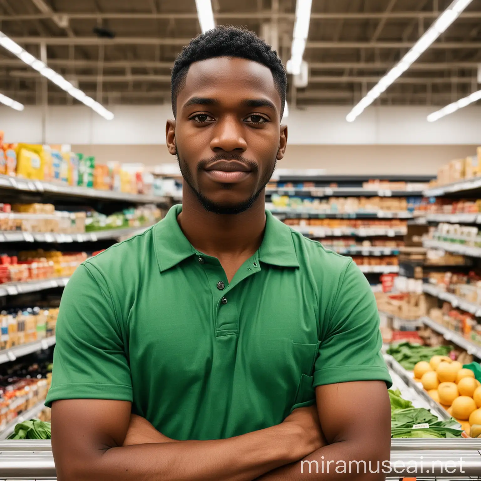 Confident Black Male Worker with Crossed Arms in Supermarket Wearing Green Shirt