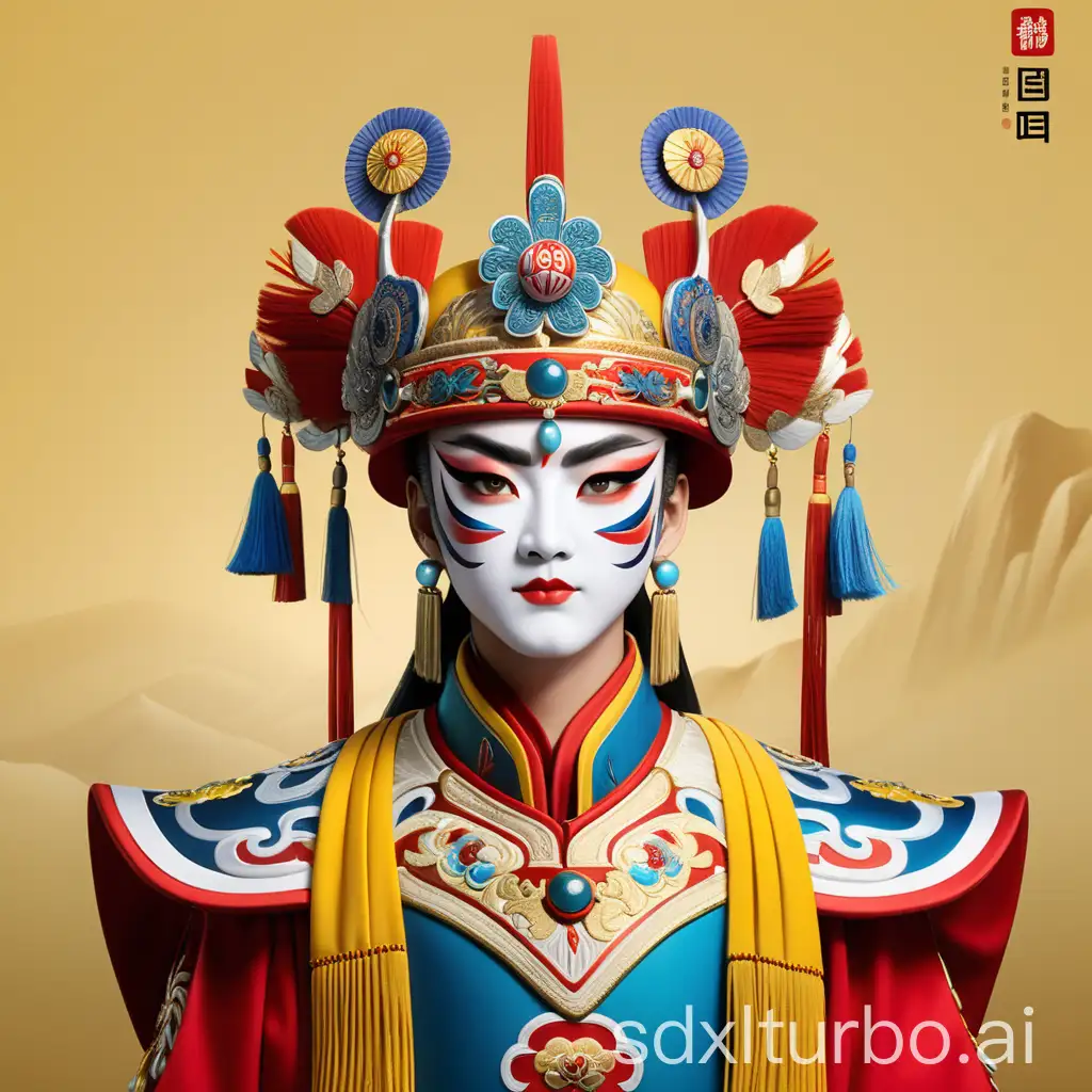 New Chinese-style national trend illustration style, Beijing opera headdress, military generals, elegant and simple, Beijing opera martial champion, Chinese national trend style, yellow, heroic image, smooth lines, wearing a Beijing opera headdress