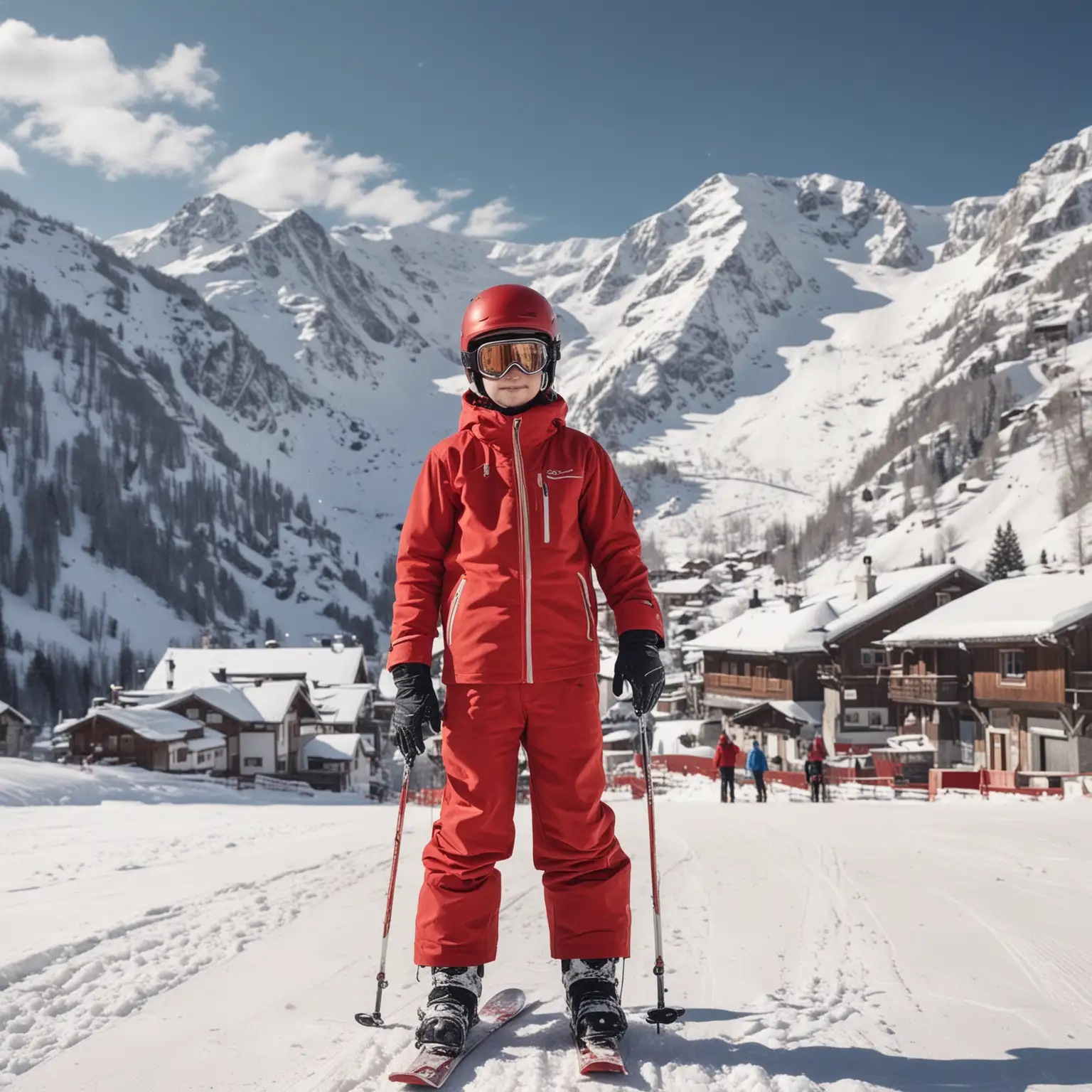 generate a skiing boy, who wears a red suit, and take a white hamlet, background is a snow mountain