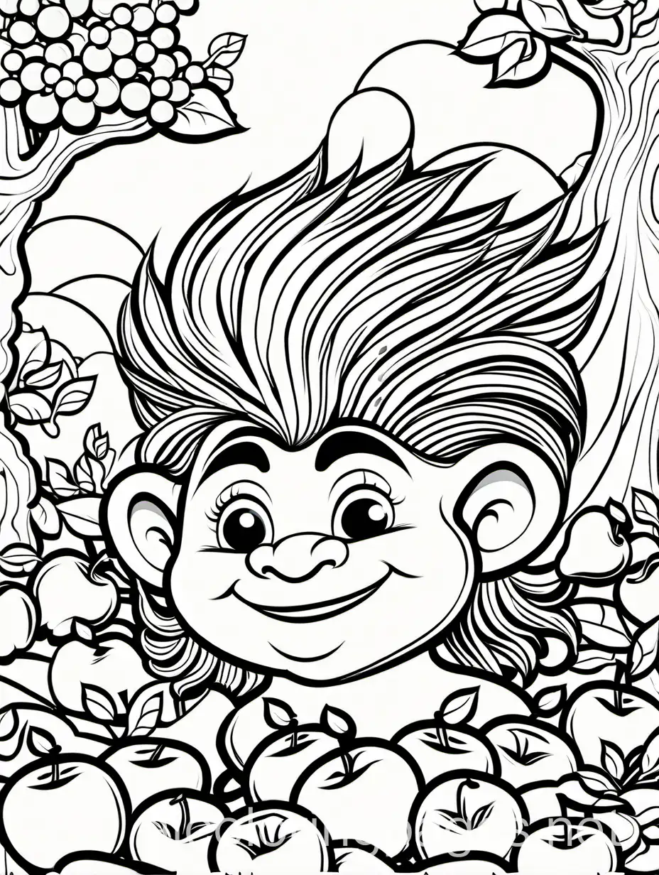   silly troll, picking apples, crazy hair,, colouring  page, infant, thick lines, ample white space., Coloring Page, black and white, line art, white background, Simplicity, Ample White Space. The background of the coloring page is plain white to make it easy for young children to color within the lines. The outlines of all the subjects are easy to distinguish, making it simple for kids to color without too much difficulty