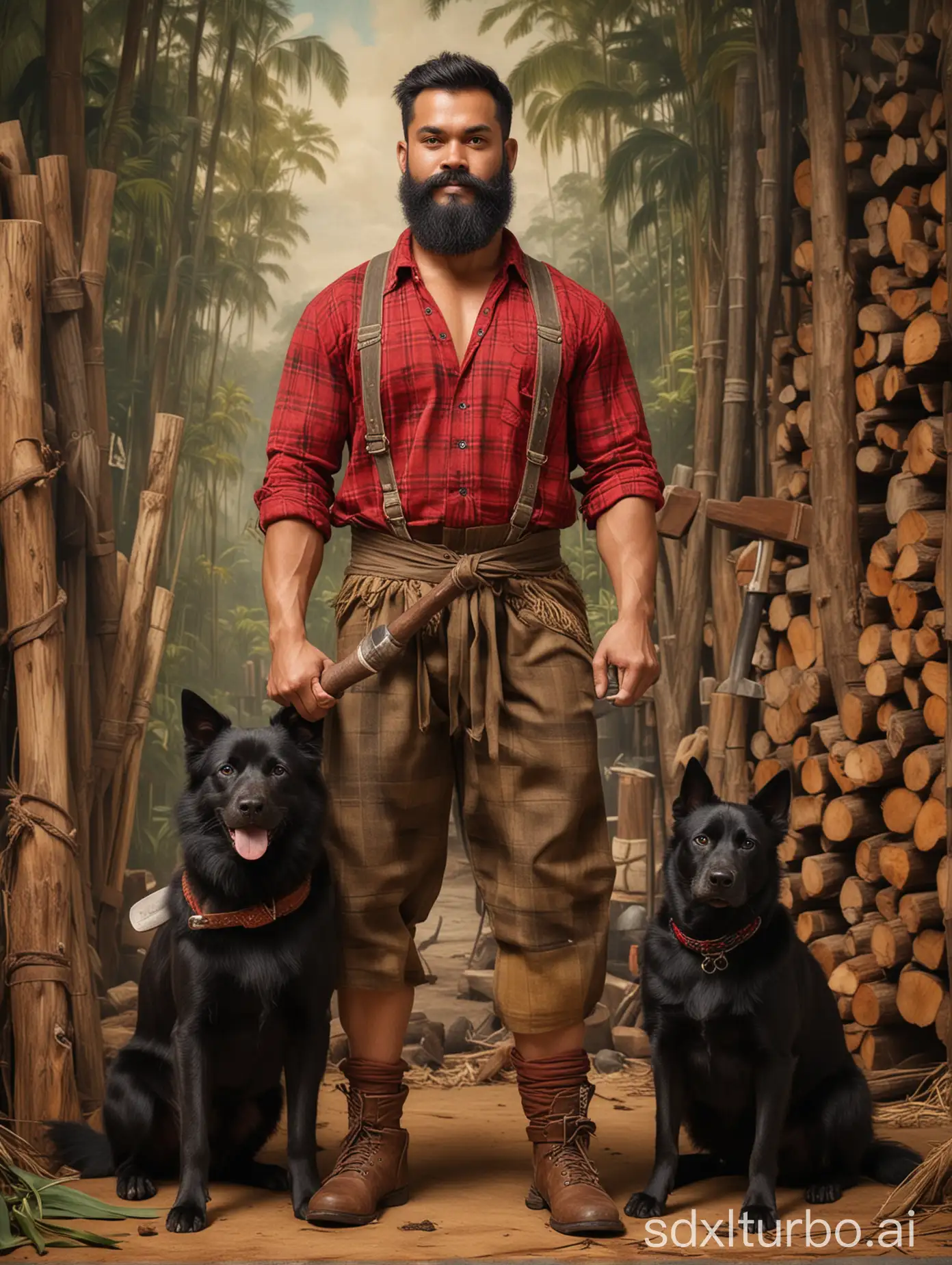 A full-body shot of a handsome, bearded, strongman Brazil-Philipino descent guy, in a Balinese traditional lumberjack costume, holding an axe. With a black dog pet nearby, With a background of a traditional Javanese lumber mill in the style of painting by Leyendecker.