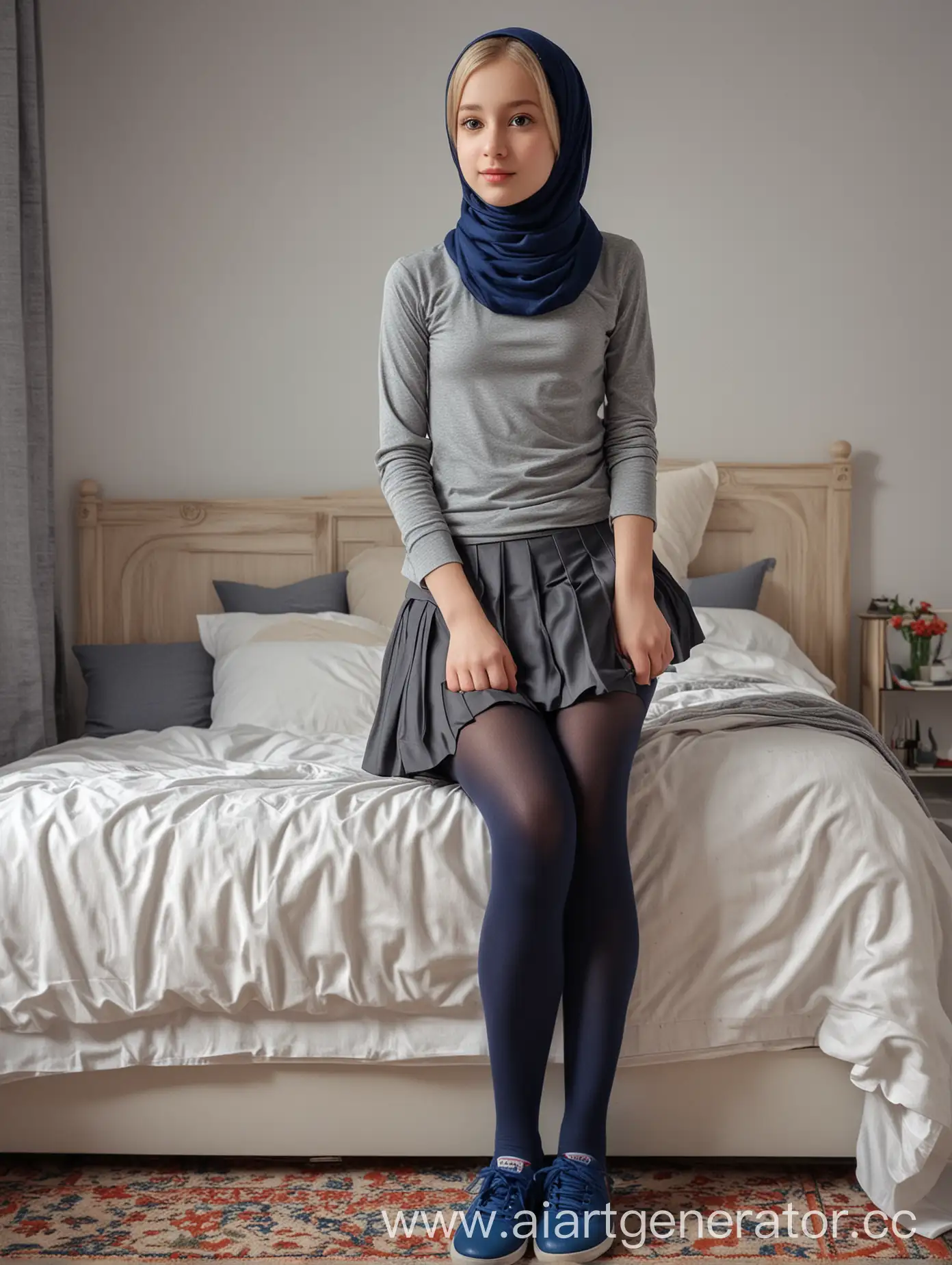 A girl wear a hijab. The girl is 12 years old. She is so beautiful girl. She wears a mini school skirt, navy blue opaque tights, sport shoes. Slim legs. Sits the bed. Petite, cute. Russian. Ultra Realistic face. Close-up body. She most beautiful girl in the world.