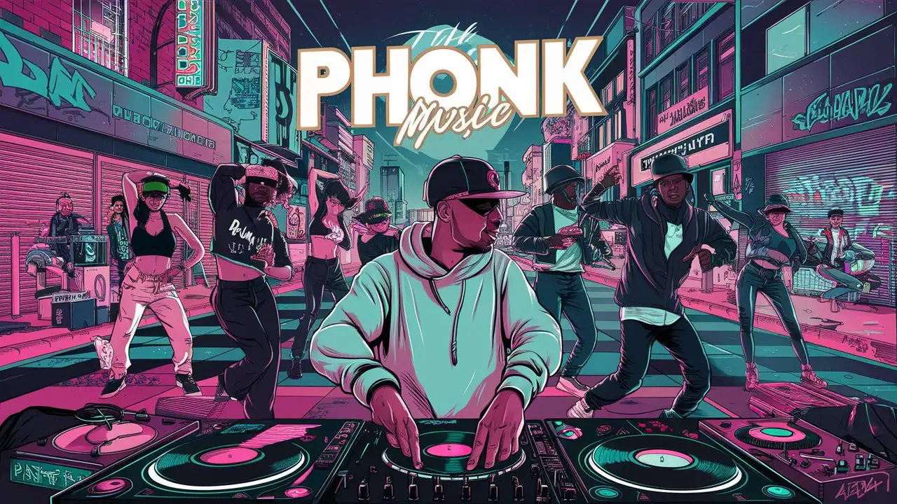 Vibrant Phonk Music Scene with Urban Graffiti and Neon Lights