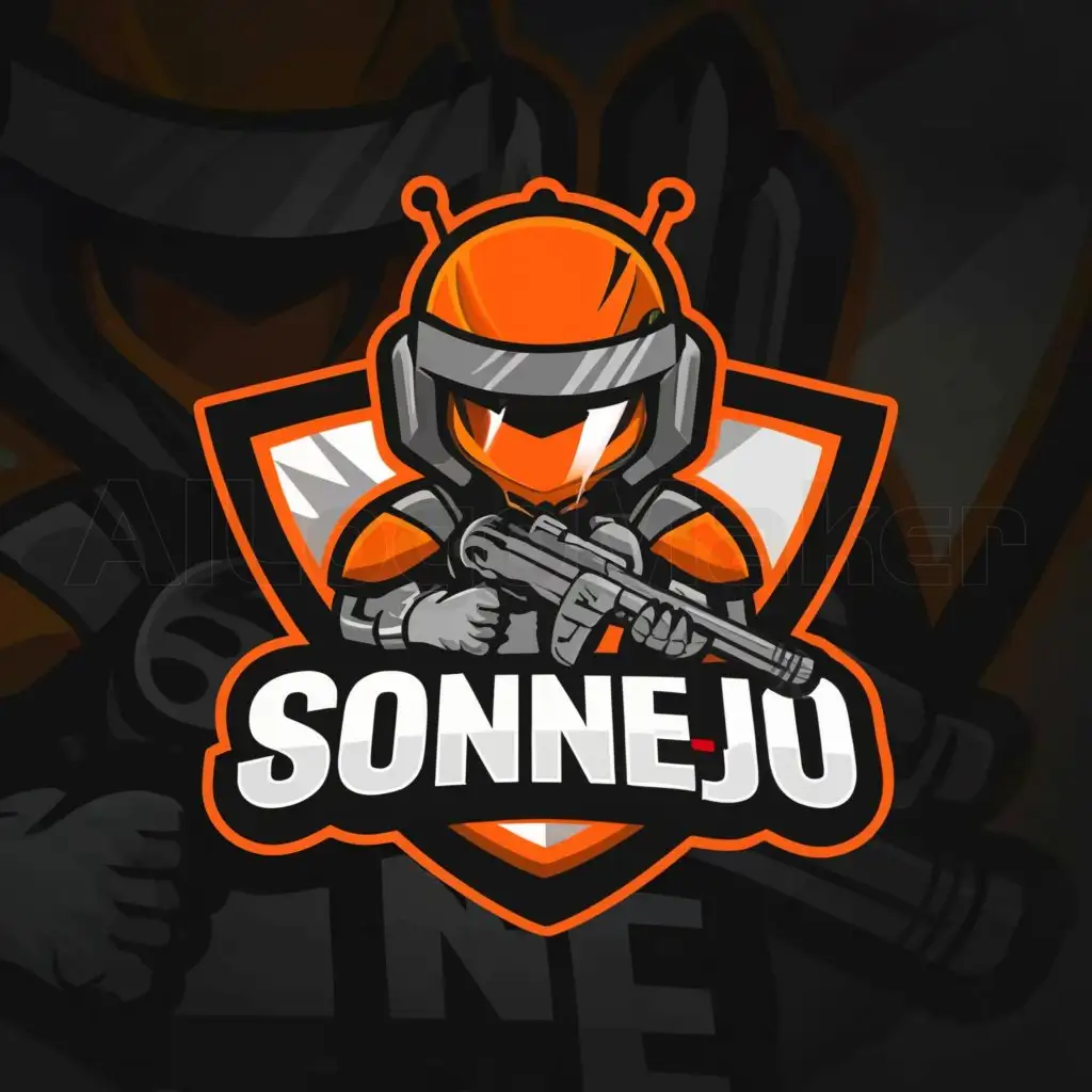 a logo design,with the text "SONNIE-JO", main symbol:Fully Armoured Future Solider
Cute
angry
Gamer Logo
Chest Up
Name Visible
Orange Black White,complex,clear background