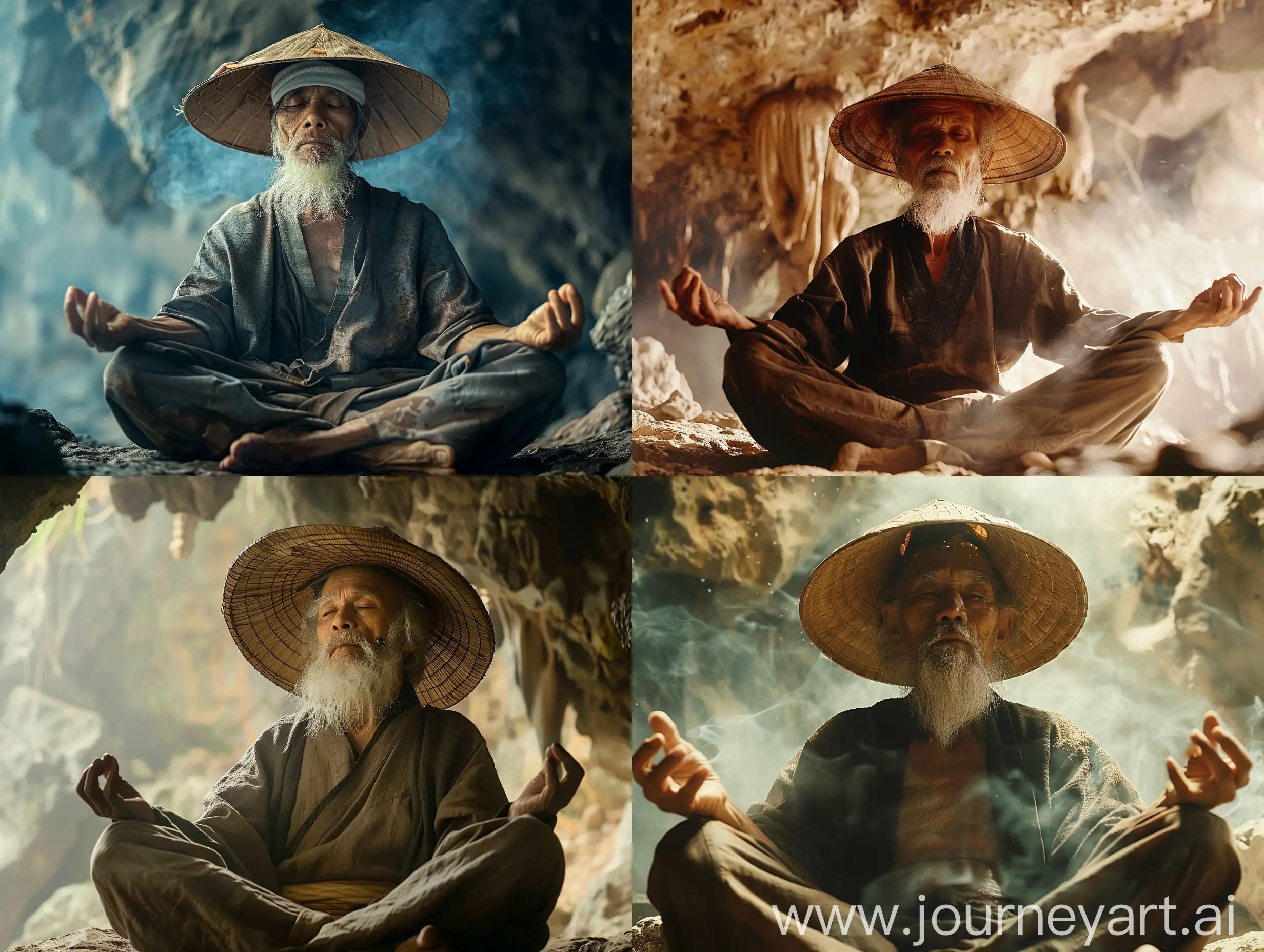
Indonesian royal cinematic film, An old man, bearded, wearing a conical hat, is meditating in a cave.. movie scene, cinematic lighting, full body shot,
