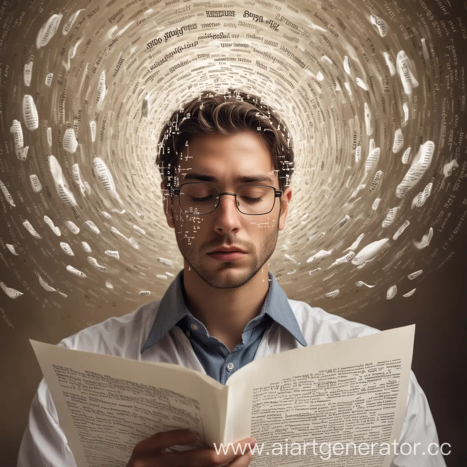 Изображение человека, который внимательно изучает документ, в то время как из документа выходят символы и слова, образуя вокруг головы невидимый кокон или вихрь