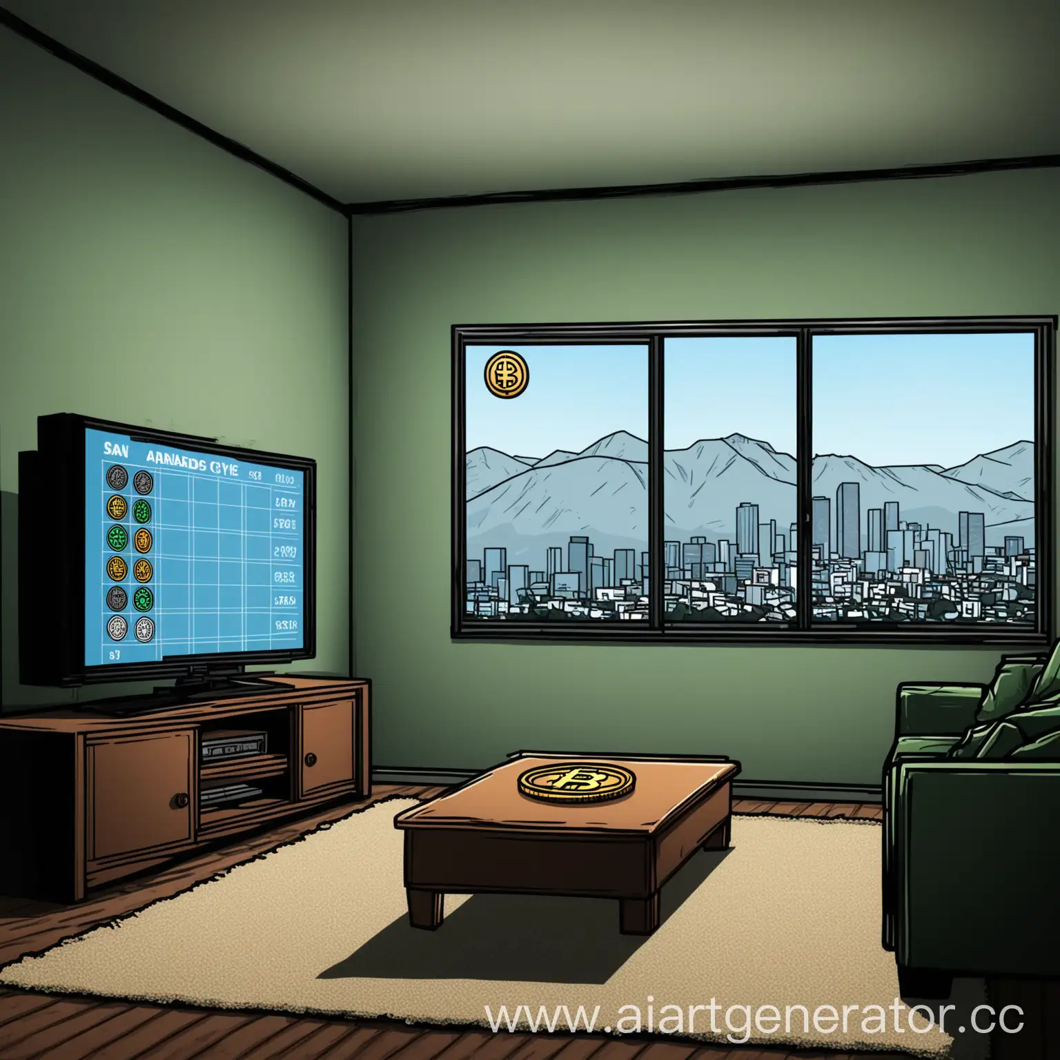 минималистичный простой рисунок квартиры с диваном, большим телевизором по которому показывают график курса криптовалюты, окна с видом на сан андерсен. Стиль гта